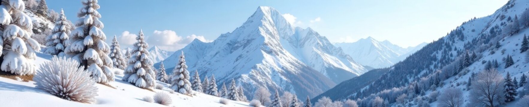 Snow covered trees and bushes in front of Nanga Parbat mountain, landscape, peaceful, calm