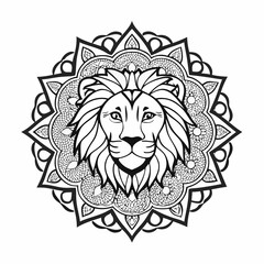 Obraz premium Intricate Line Art of Lion Head Surrounded by Floral Mandala Patterns