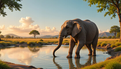 Cheerful elephant spraying water at a watering hole, playful nature
