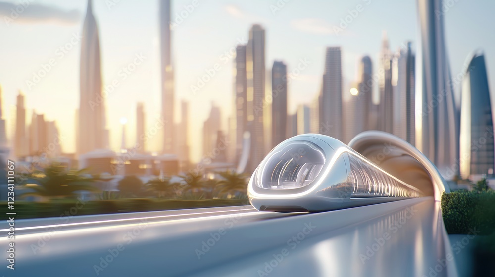 Poster hyperloop train hyperloop train emerging from a tunnel into a futuristic cityscape, symbolizing adva