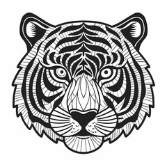 Intricate Line Art of Tiger Head with Detailed Geometric and Floral Patterns
