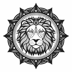 Intricate Line Art of Lion Head Surrounded by Floral Mandala Patterns