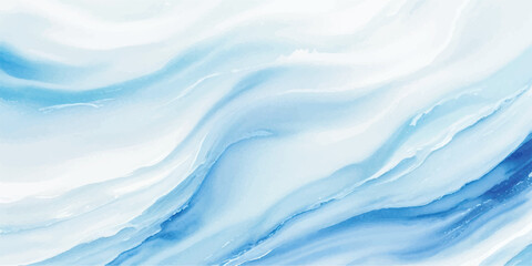 Abstract watercolor representation of ocean waves in soft blue and white, capturing the motion of a tropical sea with large, fluid blue wave layers that suggest the power of a tsunami in a playful car