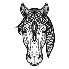 Intricate Line Art of Horse Head with Detailed Floral and Geometric Patterns