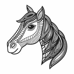 Intricate Line Art of Horse Head with Detailed Floral and Geometric Patterns