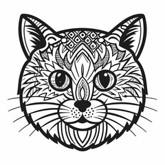 Intricate Line Art of a Cat Face with Detailed Patterns and Geometric Designs