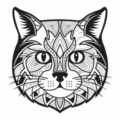 Intricate Line Art of a Cat Face with Detailed Patterns and Geometric Designs