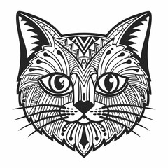 Intricate Line Art of a Cat Face with Detailed Patterns and Geometric Designs