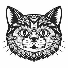 Intricate Line Art of a Cat Face with Detailed Patterns and Geometric Designs
