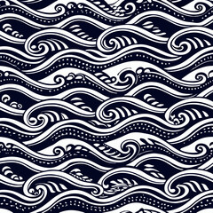 Traditional Japanese Wave Pattern Design with Flowing Ocean Waves in Blue and White Color Scheme