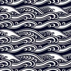 Traditional Japanese Wave Pattern Design with Flowing Ocean Waves in Blue and White Color Scheme