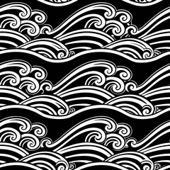Fototapeta premium Traditional Japanese Wave Pattern Design with Flowing Ocean Waves in Blue and White Color Scheme