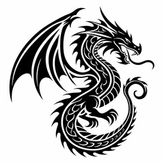 Intricate Black and White Dragon Tattoo Design with Flowing Curves and Detailed Scales