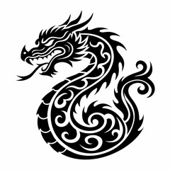 Intricate Black and White Dragon Tattoo Design with Flowing Curves and Detailed Scales