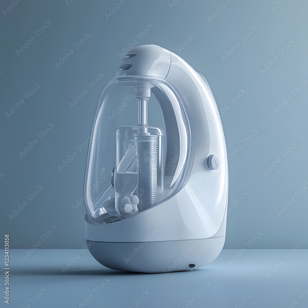 Poster compact nebulizer machine isolated on a minimalist background designed for delivering medication dir