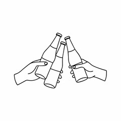 Line Art of Two Hands Clinking Bottles Together in a Cheers Gesture, Celebrating with Drink