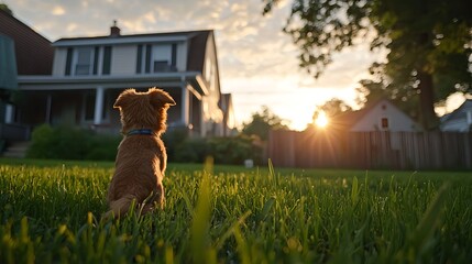 Brown Poodle Sitting in Green Grass at Sunset in a Suburban