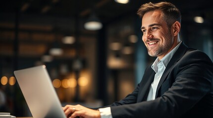 Smiling businessman working on laptop in modern office space. Young student using computer remote studying, watching online webinar, zoom virtual training on video call meeting 