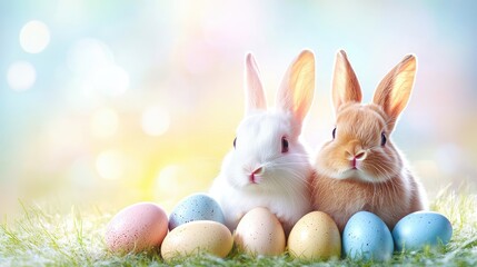 Obraz premium Adorable Rabbits with Colorful Easter Eggs on Vibrant Spring Background