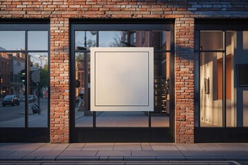 Blank Sign Mockup: A pristine blank square sign mockup prominently displayed in the storefront window of a modern brick-and-glass building.