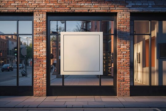 Blank Sign Mockup: A pristine blank square sign mockup prominently displayed in the storefront window of a modern brick-and-glass building.