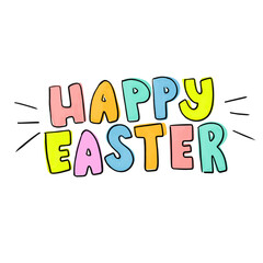 cute happy easter text word in colorful bright vibrant pastel color with moustache doodle hand written kids children digital planner sticker clipart vector