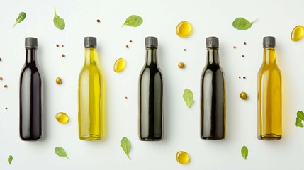 Assorted Glass Bottles with Oil and Fresh Green Leaves on Table