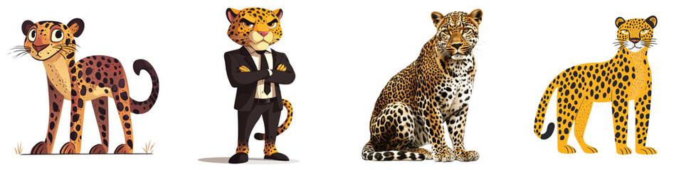 Fototapeta premium Cartoon-style leopard with a fun character, isolated on a white background. Set Collection Png.