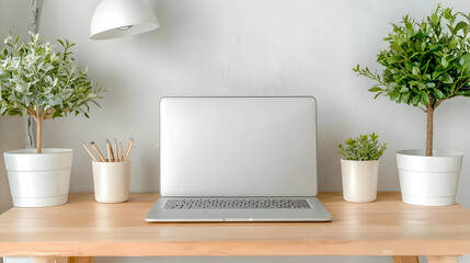 Fototapeta premium Laptop workspace with plants, desk, home office