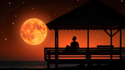 Fototapeta premium Silhouette of Person Relaxing on Gazebo Overlooking Full Moon and Starry Night Sky
