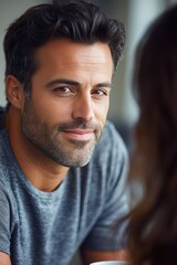 Obraz premium Smiling Man in Casual Gray Shirt with Beard Relaxing Indoors