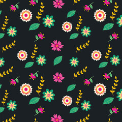 Fototapeta premium Seamless pattern with flowers and leaves on black background. Vector illustration.