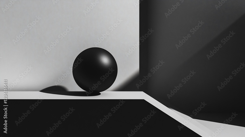 Poster a minimalist scene with a black sphere casting a shadow on a geometric structure