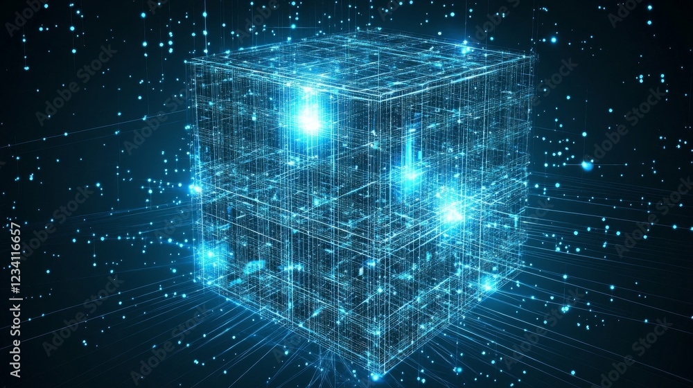 Poster abstract digital cube: network of light and data