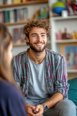 Fototapeta premium Young Smiling Professional in Casual Office Setting During a Creative Meeting