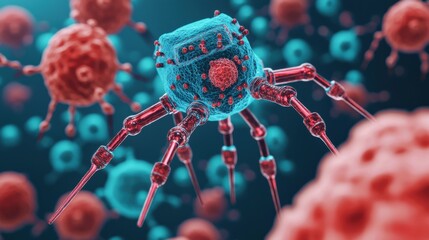 A conceptual illustration of a nano bot attacking harmful viruses, representing futuristic nanotechnology and medical innovation