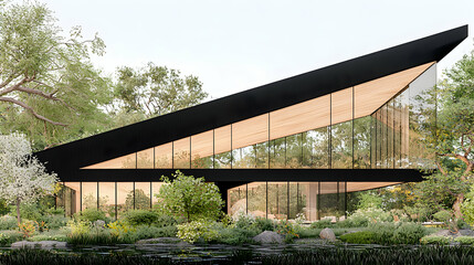 Modern black glass house in tranquil forest setting