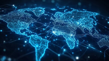 Illuminated digital world map showcasing global connections and networks in a technology-driven environment