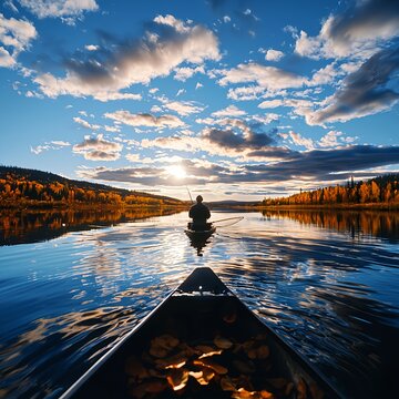 Canoe on Calm Autumn Lake at Sunset