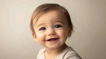 Naklejka premium A cute smiling blond toddler boy with bright eyes and an innocent expression, capturing the essence of childhood happiness in a studio setting