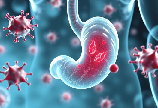Stomach Infection with Parasites and Viruses. Medical illustration showcasing a transparent stomach model with highlighted red parasites alongside various viruses