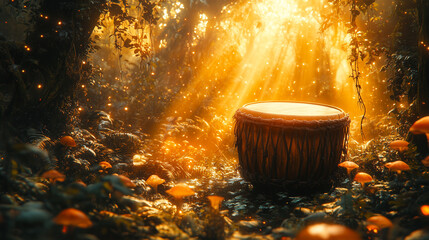 Drum in a magical forest with golden light