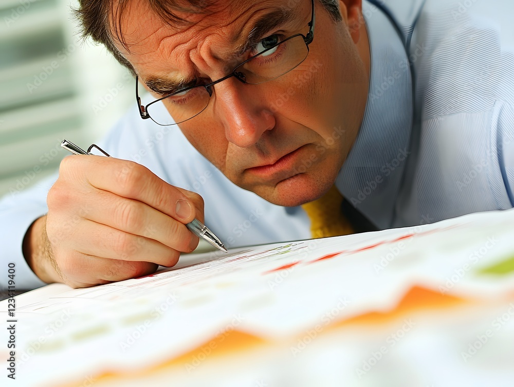 Poster a focused businessman analyzing financial data and charts. his intense expression highlights the imp
