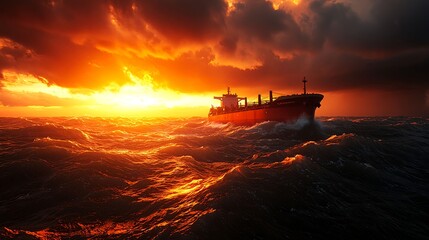 Naklejka premium Cargo Ship Sailing on a Dramatic Ocean