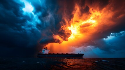 Obraz premium Cargo Ship Sailing Through Fiery Sunset Storm