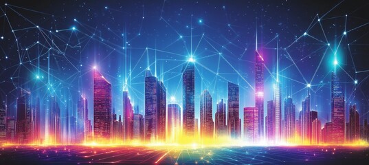 Luminous Web of Connections Over Futuristic City Skyline at Dusk, Bright Neon Palette