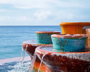 Naklejka premium A colorful water fountain made of clay pots sits at the edge, with a bright blue ocean and scenic landscapes in the background.
