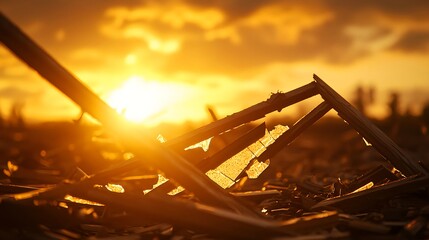 Charred Wooden Remains at Sunset A Devastated Landscape