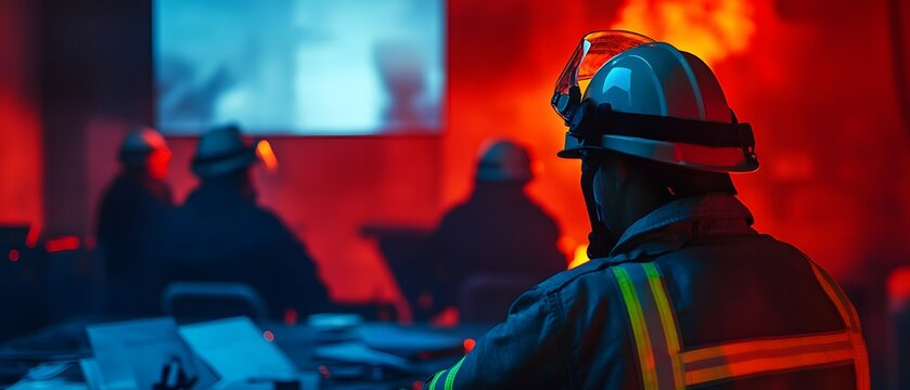 A group of firefighters in protective gear focus on a training exercise, surrounded by dramatic lighting and elements that simulate a fire scenario, emphasizing teamwork and braver