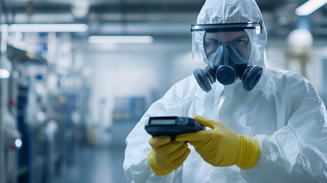 A laboratory technician in a protective suit and mask conducts an experiment with precise instruments, ensuring safety in a controlled environment, reflecting modern scientific pra